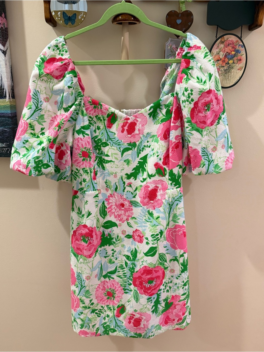 Floral Lilly Pulitzer Puff-Sleeve Mini Dress in Pink & Green NWT 16